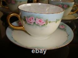 Hand Painted Bohemia Tea Coffee Cups & Saucers Set Of 6, Roses & Gold