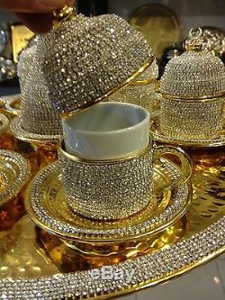 Handmade Copper Turkish Coffee Espresso Serving Set Swarovski Crystal Cup Tray