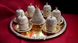 Handmade Copper Turkish Coffee Espresso Set Swarovski Crystal Coated Gold Color