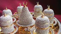 Handmade Copper Turkish Coffee Espresso Set Swarovski Crystal Coated Gold Color