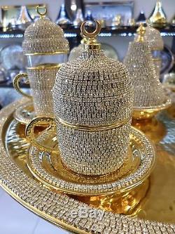 Handmade Copper Turkish Coffee Espresso Tea Zamzam Serving Set Swarovski Coated
