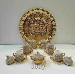 Handmade Espresso Turkish Coffee Set Copper Cups Saucers Tray Handcrafted, Gold