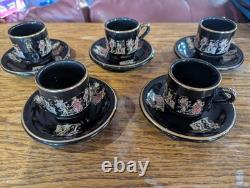 Handmade Greek Demitasse Cups & Saucers Set With 24K Gold Decoration. 5 Pairs