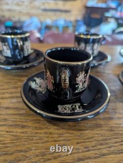 Handmade Greek Demitasse Cups & Saucers Set With 24K Gold Decoration. 5 Pairs