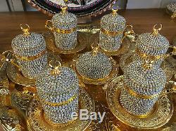 Handmade Turkish Coffee Espresso Serving Set Swarovski Crystal Coated Copper Cup