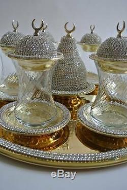 Handmade Turkish Tea Water Zamzam Serving Set Made with Swarovski Coated Gold