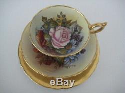 Handpainted Ja Bailey Aynsley Set Cabbage Rose Gold Trio Cup Saucer & Tea Plate