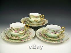 Handpainted Roses Raised Gold 3 Trio Set Tea Cups Saucers Plates Artist Signed