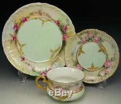 Handpainted Roses Raised Gold 3 Trio Set Tea Cups Saucers Plates Artist Signed