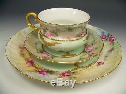 Handpainted Roses Raised Gold 3 Trio Set Tea Cups Saucers Plates Artist Signed