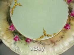 Handpainted Roses Raised Gold 3 Trio Set Tea Cups Saucers Plates Artist Signed