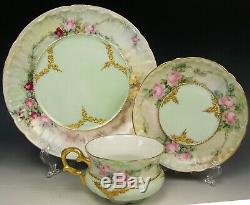 Handpainted Roses Raised Gold 3 Trio Set Tea Cups Saucers Plates Artist Signed