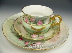 Handpainted Roses Raised Gold 3 Trio Set Tea Cups Saucers Plates Artist Signed