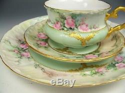 Handpainted Roses Raised Gold 3 Trio Set Tea Cups Saucers Plates Artist Signed