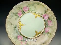 Handpainted Roses Raised Gold 3 Trio Set Tea Cups Saucers Plates Artist Signed