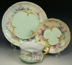 Handpainted Roses Raised Gold 3 Trio Set Tea Cups Saucers Plates Artist Signed