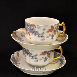 Haviland 2 Cups & Saucers Blue Florals withGold Handle Pompadour 14 Mold 1889-1896