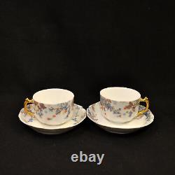 Haviland 2 Cups & Saucers Blue Florals withGold Handle Pompadour 14 Mold 1889-1896