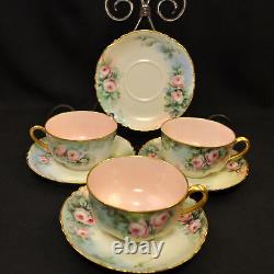 Haviland 3 Cups & 4 Saucers Artist B. Shook Pink Roses withGold Ranson Mold 1910