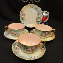 Haviland 3 Cups & 4 Saucers Artist B. Shook Pink Roses withGold Ranson Mold 1910