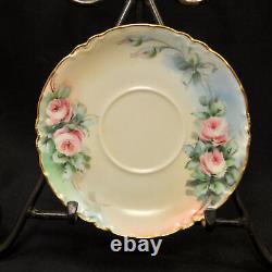 Haviland 3 Cups & 4 Saucers Artist B. Shook Pink Roses withGold Ranson Mold 1910