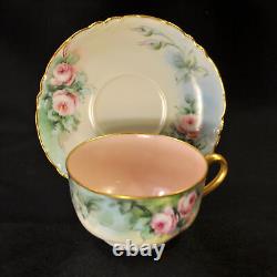 Haviland 3 Cups & 4 Saucers Artist B. Shook Pink Roses withGold Ranson Mold 1910