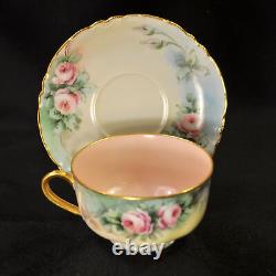 Haviland 3 Cups & 4 Saucers Artist B. Shook Pink Roses withGold Ranson Mold 1910