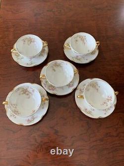 Haviland & Co. Limoges Set Of 5 Gold Eared Pink Roses Bouillon Cups & Saucers