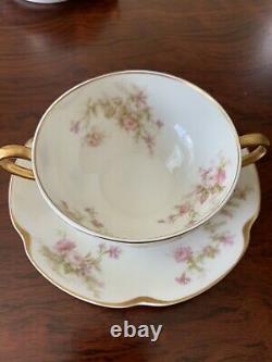 Haviland & Co. Limoges Set Of 5 Gold Eared Pink Roses Bouillon Cups & Saucers