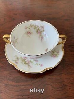 Haviland & Co. Limoges Set Of 5 Gold Eared Pink Roses Bouillon Cups & Saucers