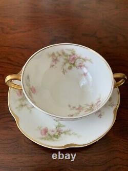 Haviland & Co. Limoges Set Of 5 Gold Eared Pink Roses Bouillon Cups & Saucers