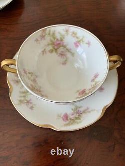 Haviland & Co. Limoges Set Of 5 Gold Eared Pink Roses Bouillon Cups & Saucers