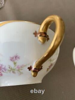 Haviland & Co. Limoges Set Of 5 Gold Eared Pink Roses Bouillon Cups & Saucers