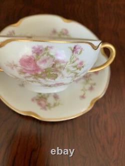 Haviland & Co. Limoges Set Of 5 Gold Eared Pink Roses Bouillon Cups & Saucers