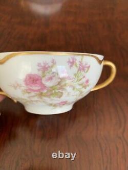 Haviland & Co. Limoges Set Of 5 Gold Eared Pink Roses Bouillon Cups & Saucers