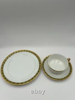 Haviland France 18pc Tea Set Green & Gold Deco Cups Saucers Dessert Plates