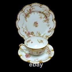 Haviland France Limoges 3 pc Cup Saucer Plate Trio Scalloped Double Gold Roses