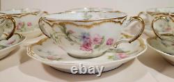 Haviland Limoges 7 Bouillon Cups w Saucers Pink Blue Double Gold Schleiger 224