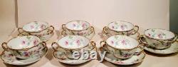 Haviland Limoges 7 Bouillon Cups w Saucers Pink Blue Double Gold Schleiger 224