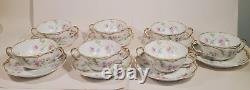 Haviland Limoges 7 Bouillon Cups w Saucers Pink Blue Double Gold Schleiger 224