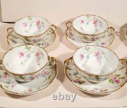 Haviland Limoges 7 Bouillon Cups w Saucers Pink Blue Double Gold Schleiger 224