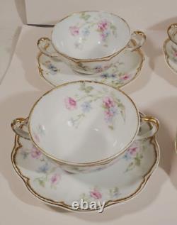 Haviland Limoges 7 Bouillon Cups w Saucers Pink Blue Double Gold Schleiger 224