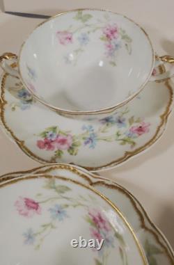 Haviland Limoges 7 Bouillon Cups w Saucers Pink Blue Double Gold Schleiger 224
