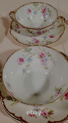 Haviland Limoges 7 Bouillon Cups w Saucers Pink Blue Double Gold Schleiger 224