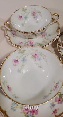 Haviland Limoges 7 Bouillon Cups w Saucers Pink Blue Double Gold Schleiger 224