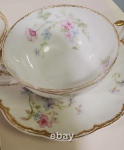 Haviland Limoges 7 Bouillon Cups w Saucers Pink Blue Double Gold Schleiger 224