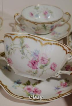 Haviland Limoges 7 Bouillon Cups w Saucers Pink Blue Double Gold Schleiger 224