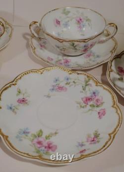 Haviland Limoges 7 Bouillon Cups w Saucers Pink Blue Double Gold Schleiger 224