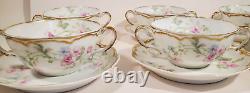 Haviland Limoges 7 Bouillon Cups w Saucers Pink Blue Double Gold Schleiger 224