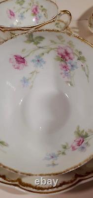 Haviland Limoges 7 Bouillon Cups w Saucers Pink Blue Double Gold Schleiger 224